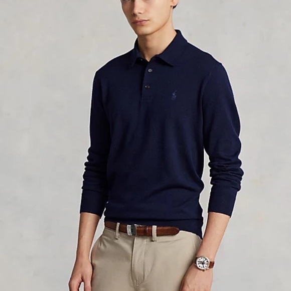 Polo Ralph Lauren Mens 100% Merino Wool Collared Sweater Navy Blue Size Large - Picture 1 of 5